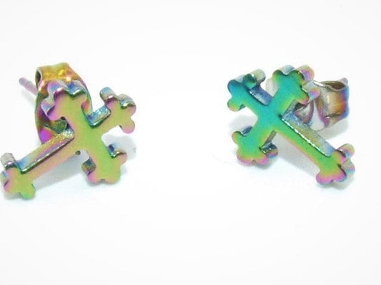 Eye catching multi-coloured cross style stainless steel earrings