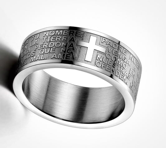 Charming titanium Lords prayer / crucifix 8mm band ring