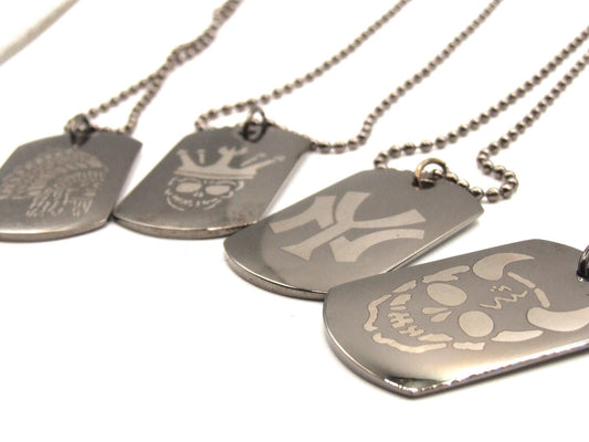 Tungsten dog tag style pendants with various lasered designs