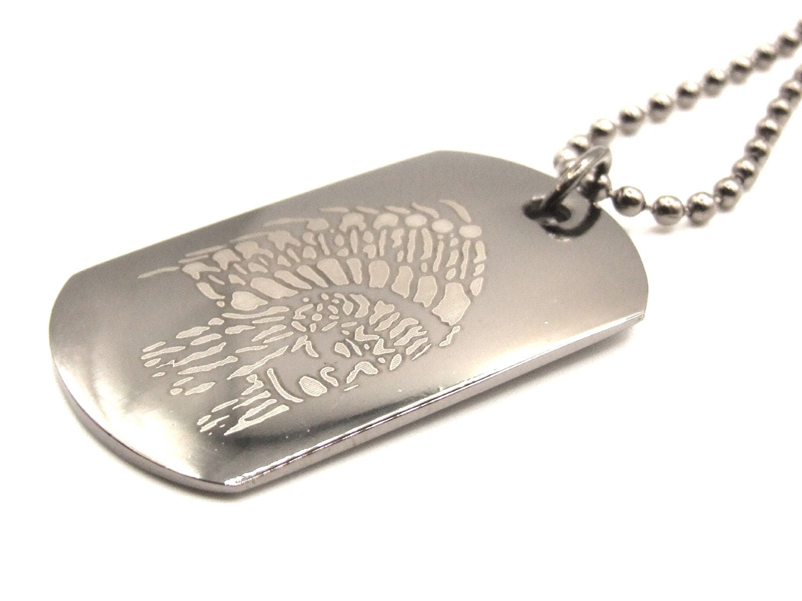 Tungsten dog tag style pendants with various lasered designs